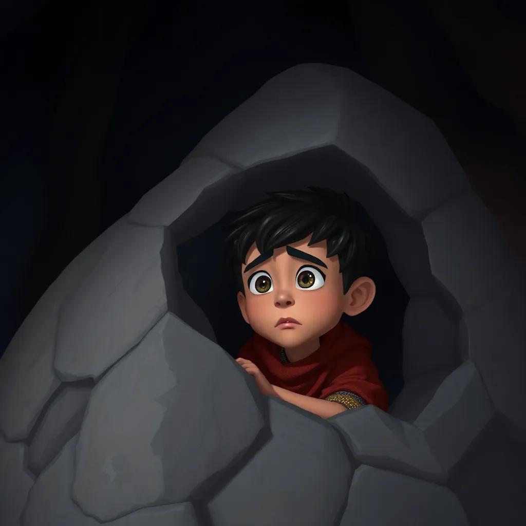 Ali Baba, a brave young boy, hiding behind a large rock, listening to the approaching thieves, worried expression, dark cave background, digital painting, mysterious, tense atmosphere