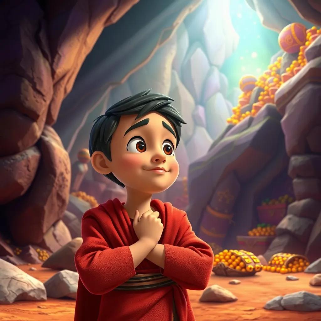 Ali Baba, a brave young boy, thinking with a clever look, planning in front of a big rock, colorful cave full of treasures in the background, digital art, bright colors, imaginative
