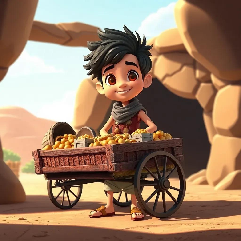 Ali Baba, a brave young boy, with a cart full of fake treasures set outside the cave, ready for the thieves, sneaky look, sunny background, fun illustration, playful and adventurous mood