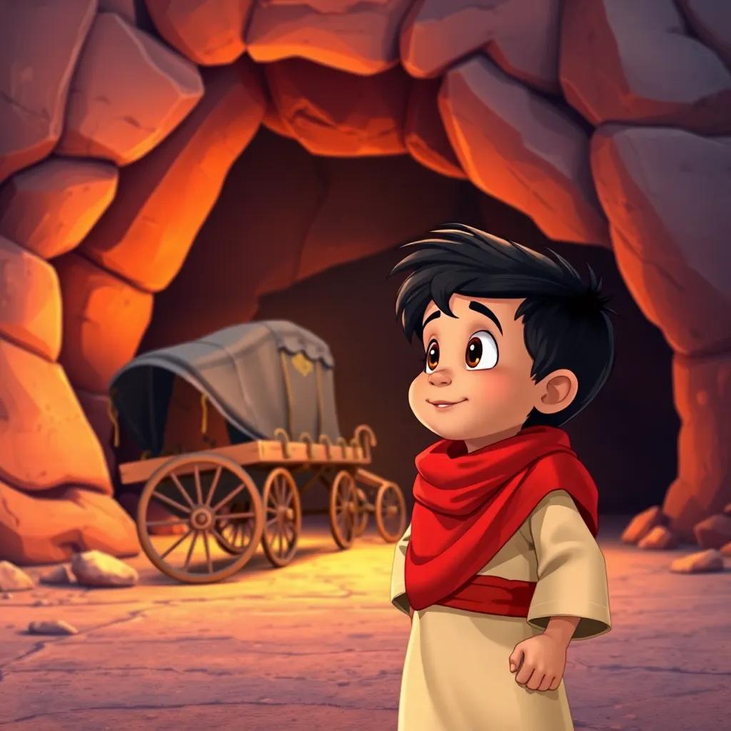 Ali Baba, a brave young boy, watching the thieves happily taking the cart away, with excitement in his eyes, cave entrance behind him, digital art, colorful and vivid