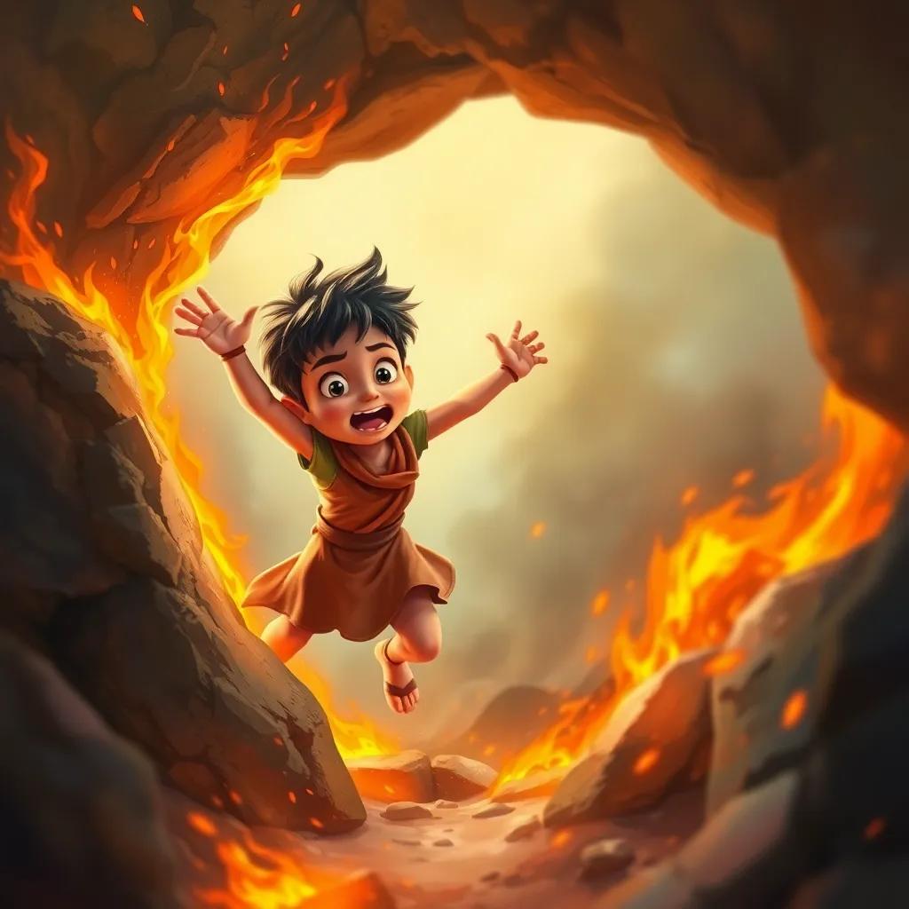 Ali Baba, a brave young boy, jumping out from behind a rock, with flames and sparks around, shouting at the thieves, feeling empowered and brave, digital painting, intense colors, action scene
