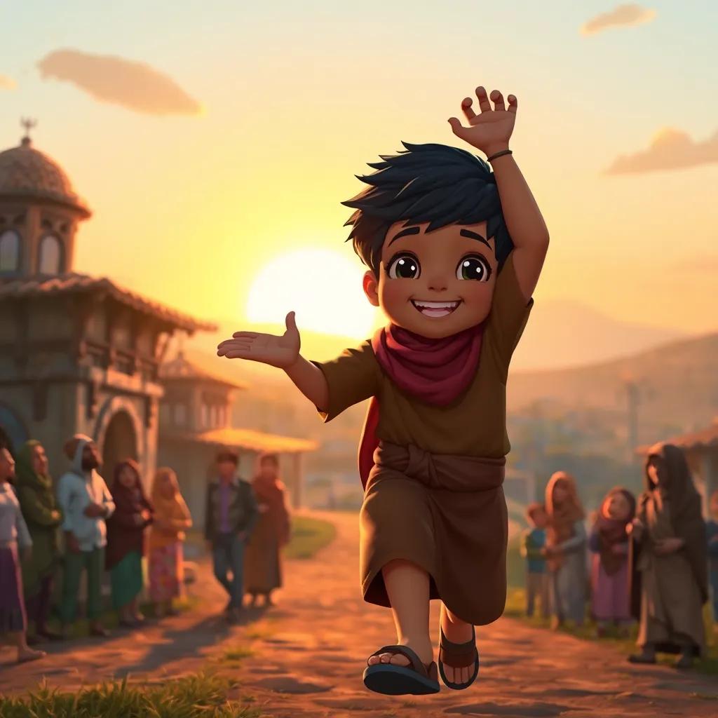 Ali Baba, a brave young boy, happily returning home to his village, with the sun setting in the background, people welcoming him joyfully, cheerful atmosphere, digital art, heartwarming