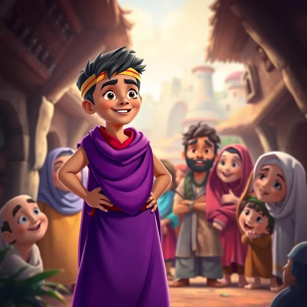 Ali Baba, a brave young boy, standing proudly with friends in his village, telling them his story with excitement, surrounded by happy faces, colorful village background, illustration, warm and inviting