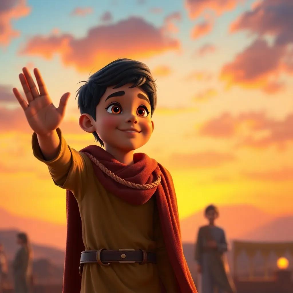 Ali Baba, a brave young boy, waving goodbye to friends as he remembers the adventure, colorful sky at dusk, reflective look on his face, digital art, warm colors, hopeful and inspiring