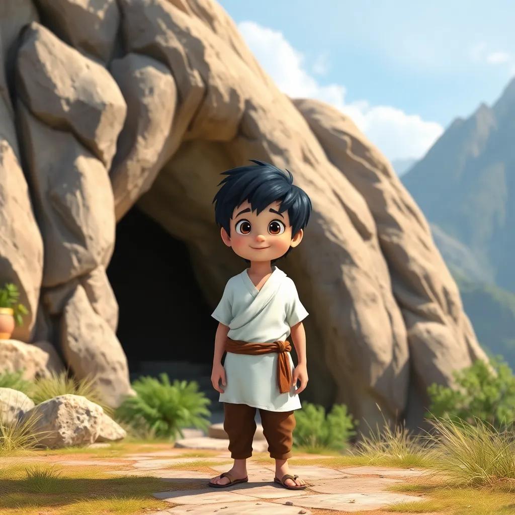 A young boy, Ali Baba, with black hair, wearing a simple white tunic and brown pants, standing outside a hidden cave in the mountains, looking curious and excited, digital art, bright colors, adventurous atmosphere, high quality