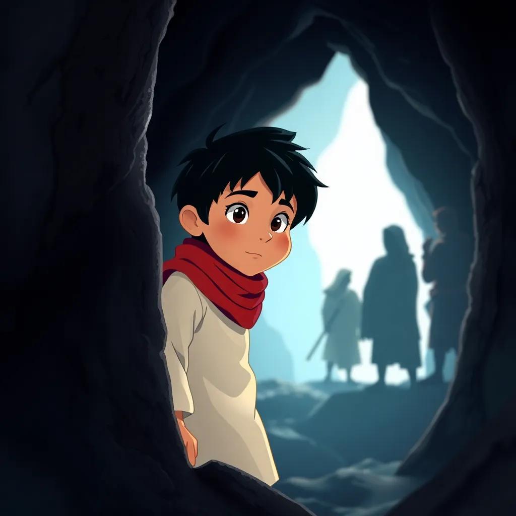 Ali Baba, a young boy, with black hair wearing a simple white tunic with a red scarf, hiding behind a rock inside a dark cave, listening to thieves talking, tense and exciting scene, illustration, shadowy light, rich details