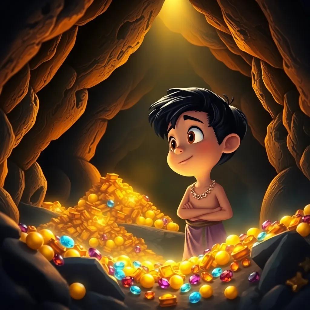 Inside the cave, Ali Baba, a young boy, with black hair wearing a simple tunic, looking amazed at piles of gold and jewels, treasures shining in the dark, magical atmosphere, digital painting, bright warm light, colorful