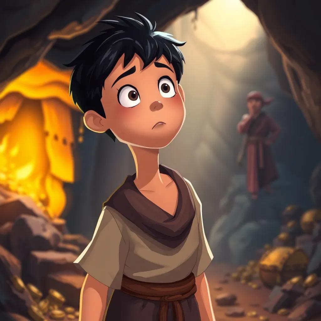 Ali Baba, a young boy, with black hair in a tunic, seeing a thief coming, feeling scared but determined, cave filled with treasures in the background, intense dynamic moment, illustration, dramatic lighting, colorful