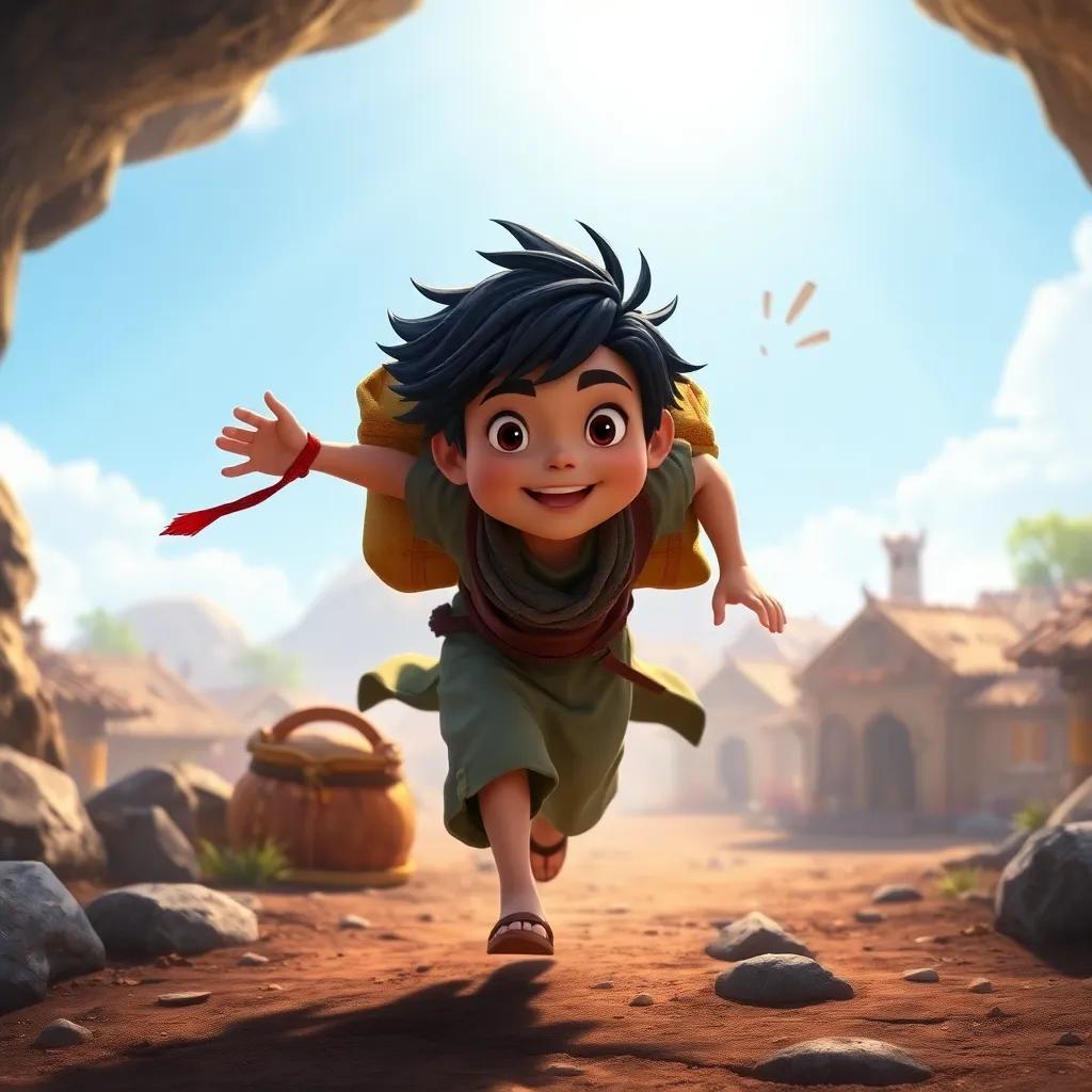 Ali Baba, a young boy with black hair, escaping the cave running towards the village, with treasure bags on his back, bright sunlight shining, cheerful and victorious atmosphere back in the village, digital art, uplifting colors, joyful scene