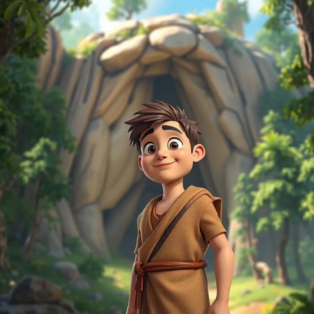 A brave man named Ali Baba, wearing a simple tunic, standing beside a large cave in the forest, curious expression, green trees and bright sky, digital art, vibrant colors, adventurous atmosphere, high quality