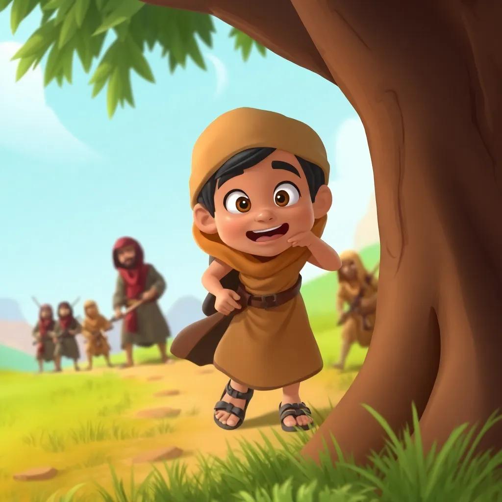 Ali Baba stealthily following a group of robbers, wearing a simple tunic and sandals, hiding behind a tree, excited expression, the robbers in the distance, colorful, detailed, engaging