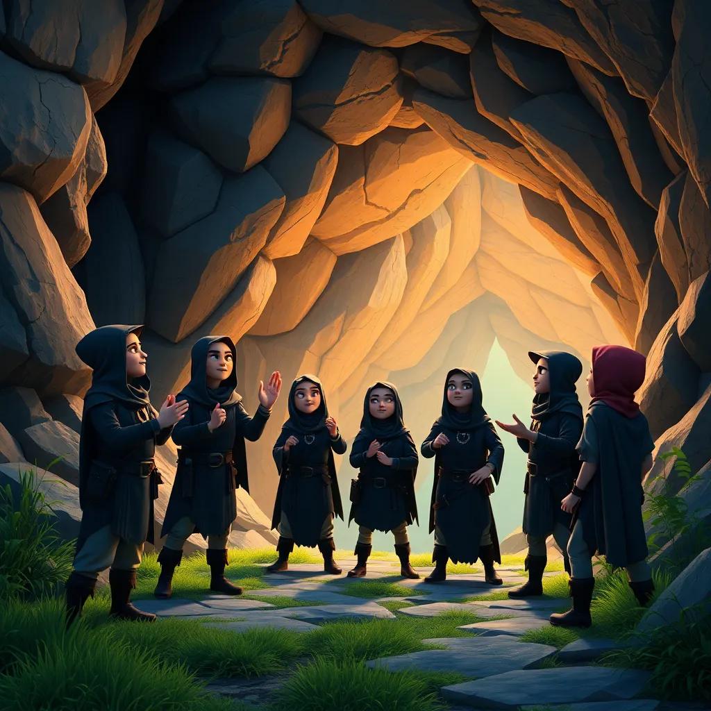 Robbers chanting a magical phrase near the cave, wearing dark clothes and masks, entering a large cave that magically opens, adventurous scene, bright colors, high quality