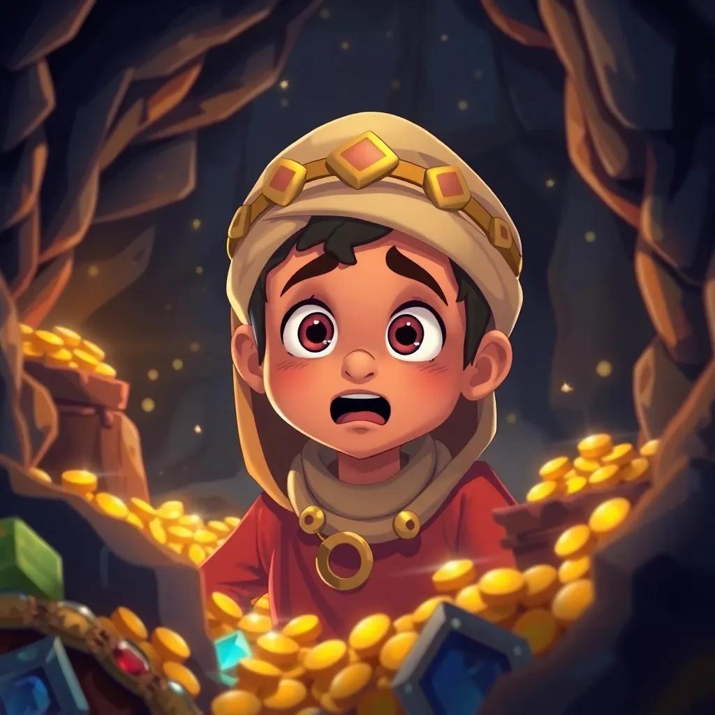 Ali Baba inside the cave, surrounded by treasures and gold, amazed expression, dimly lit cave, sparkling gems and coins, colorful, detailed, magical