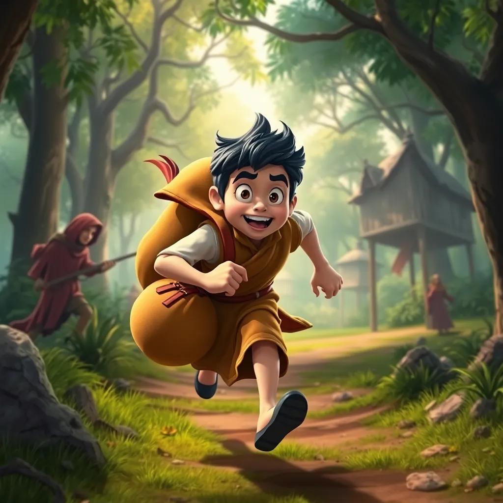 Ali Baba escaping from the robbers, carrying a bag of treasure, with a determined look on his face, running through the forest towards his village, vibrant colors, dynamic scene, heartwarming atmosphere