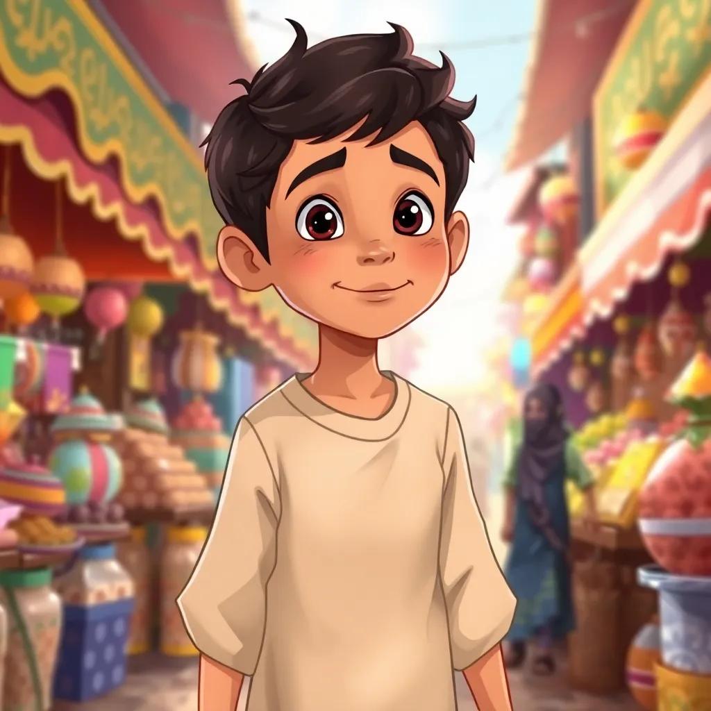 A young Arabic boy, Aladdin, with dark hair wearing a simple tunic, walking in a bustling market full of colorful stalls and people, curious expression, vibrant colors, lively atmosphere, digital art, cheerful, storytelling angle, high quality