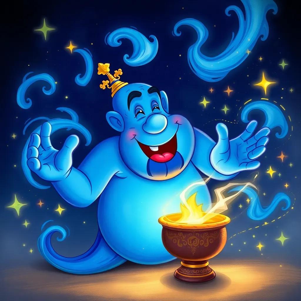 A large magical genie, blue and swirling, appearing from an old lamp, joyful and friendly, surrounded by sparkles and magic, deep blues and golds, fantastical, whimsical atmosphere, digital art, enchanting, high quality