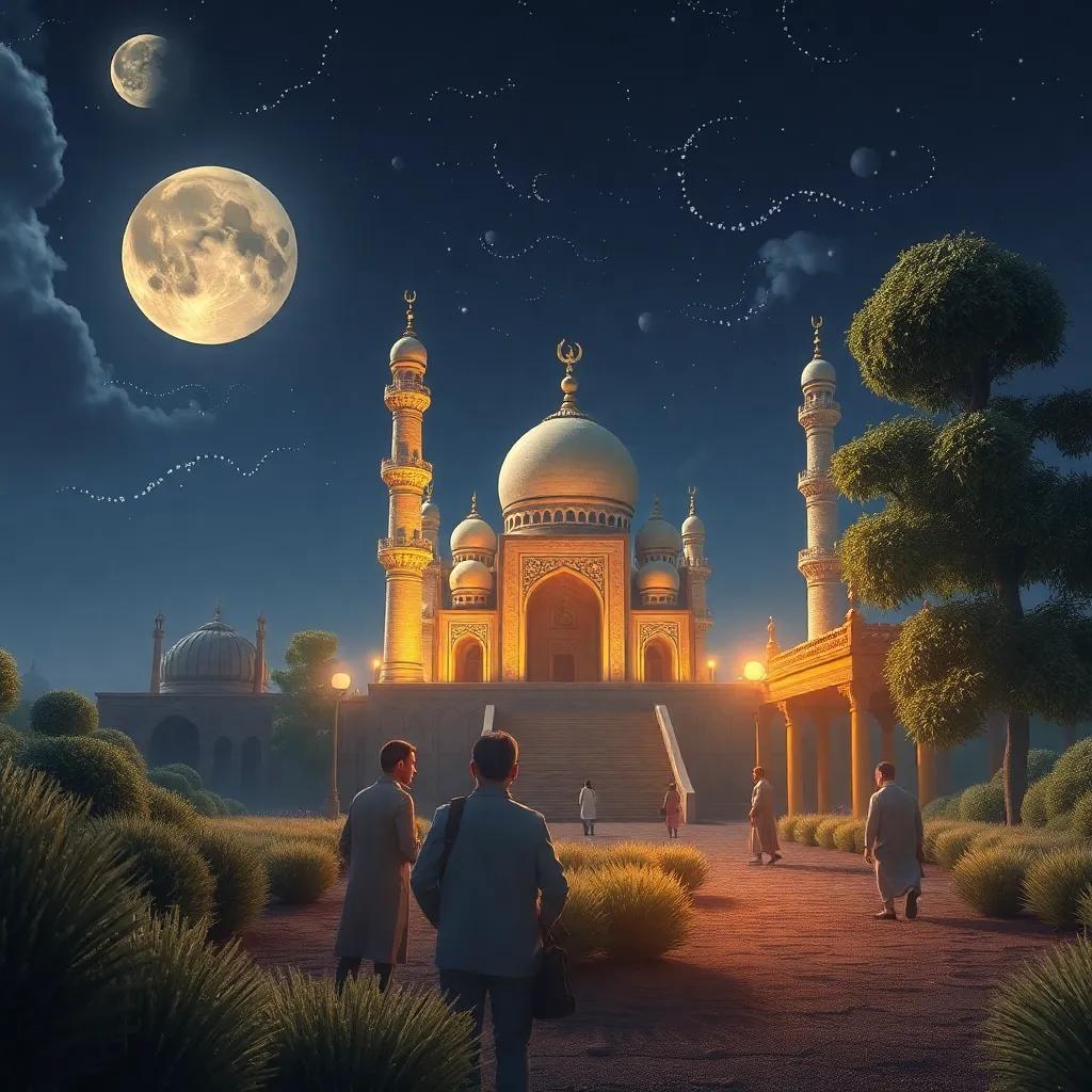 علي بابا داخل الكهف، محاط بمصابيح متلألئة وكنوز ذهبية وجواهر، تعبيرات وجهه تدل على الدهشة، ضوء ساطع ينعكس، فن توضيحي، ألوان زاهية، جو مليء بالإثارة