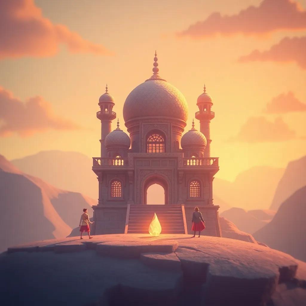 علي بابا وشقيقته يضعان خطة بجانب الكهف، خلفية الجبال، تحضير الحجارة لتجنب اللصوص، رسم ملون، ألوان دافئة، واضح أن هناك تخطيط ومحبة