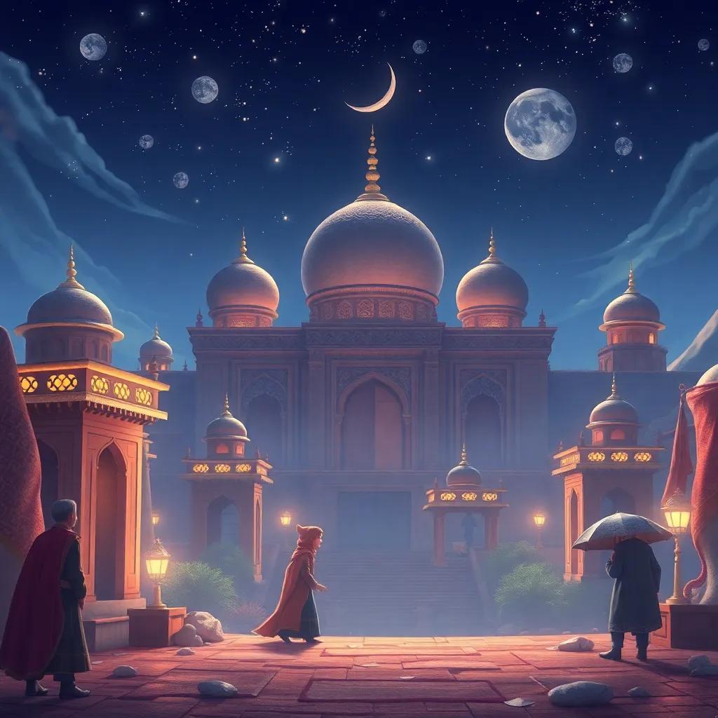 علي بابا وشقيقته يعودان إلى قريتهم، يحملون صندوق الكنز، الناس بجانبهم يحتفلون ويبتسمون، ضوء الشمس يغمر المنطقة، فن رقمي، ألوان مبهجة، جو مليء بالفرح.