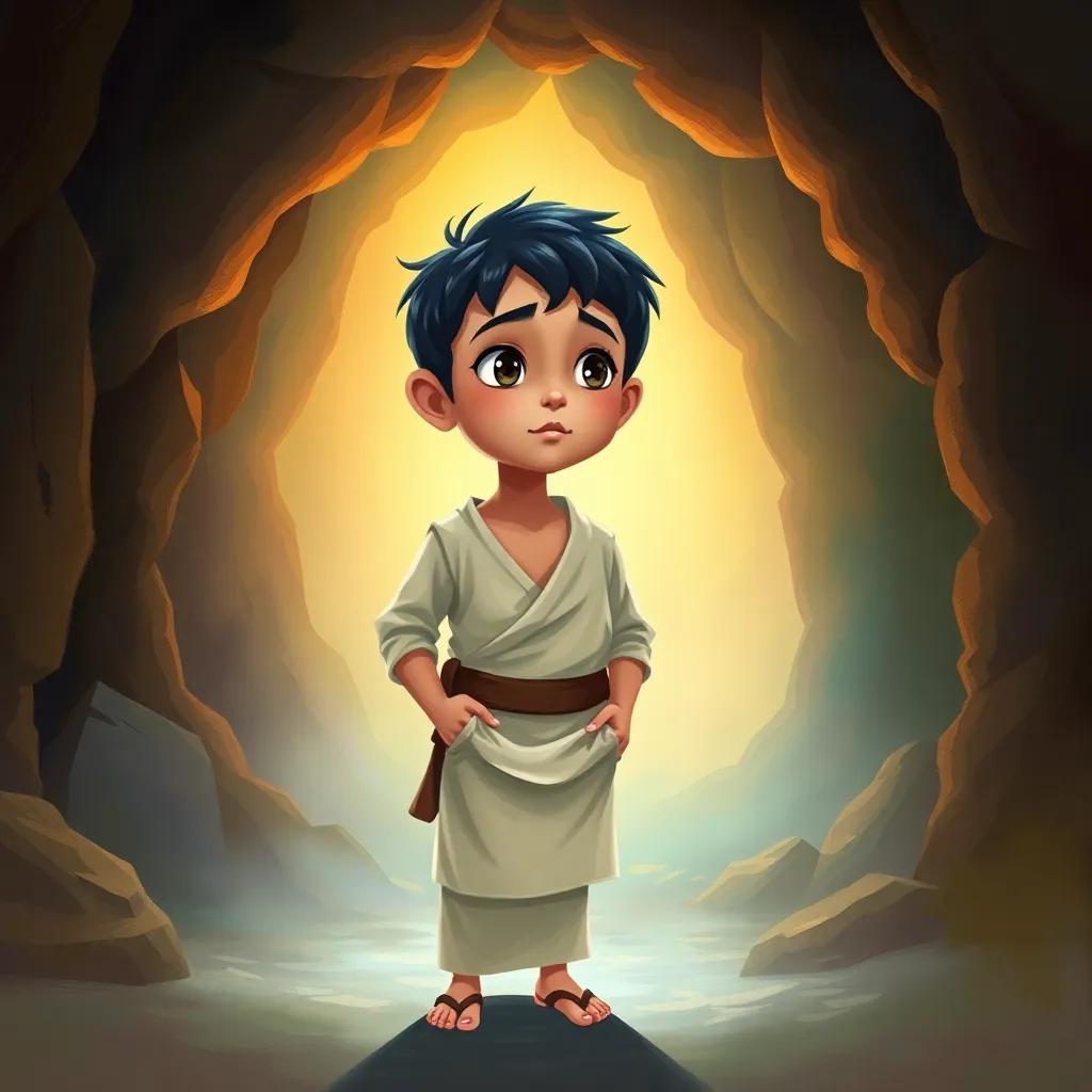 A young Arab boy, Ali Baba, with short black hair wearing simple clothes, standing in front of a mysterious cave, listening to the sounds of thieves, digital art, vibrant colors, intrigue and excitement, high quality