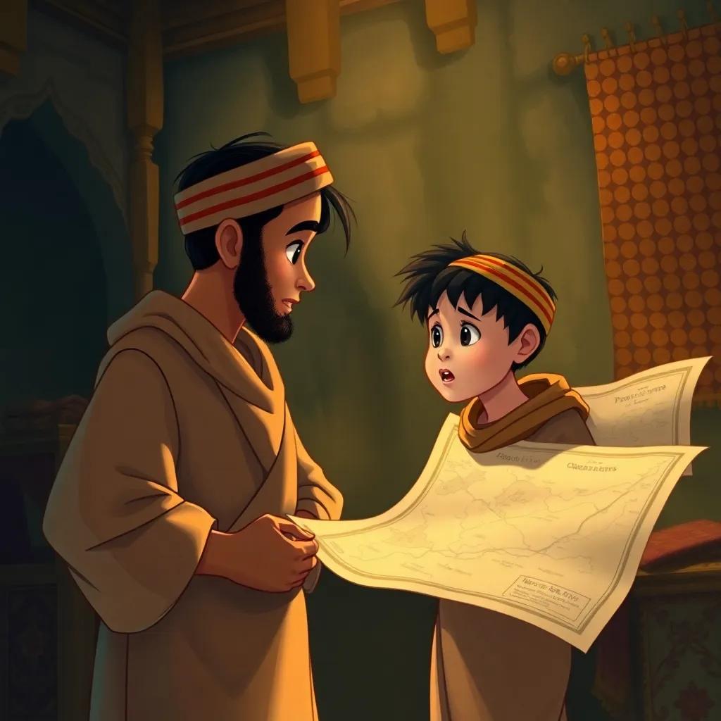 Ali Baba, a young Arab boy with short black hair in simple clothes, talking to his older brother, Qasim, in a dimly lit room with a treasure map, animated illustration, warm light, adventurous atmosphere, engaging perspective