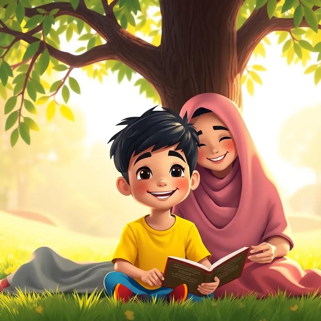 A cheerful young Arab boy, Ali, with short black hair and a bright t-shirt, sitting under a tree with his mother, listening to her stories about Ali ibn Abi Talib, warm sunlight filtering through leaves, happy atmosphere, digital art, colorful, child-friendly