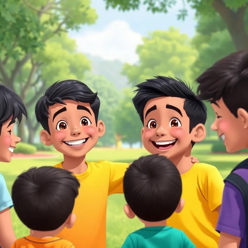 A young Arab boy, Ali, with short black hair, wearing a bright t-shirt, surrounded by friends, demonstrating courage and kindness, helping a friend in need with a big smile, lush green park background, cheerful scene, vibrant colors, digital illustration, uplifting