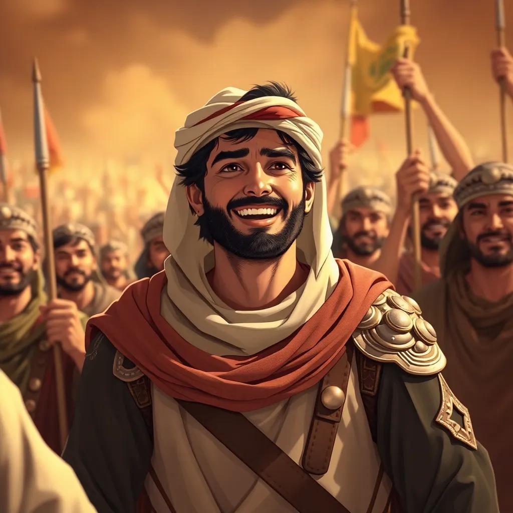 Ali ibn Abi Talib, a fearless young Arab man with a confident smile, leading his fellow soldiers during the Day of Khaybar, dressed in traditional armor, with an excited expression, surrounded by a cheering crowd, inspiring moment, detailed illustration, uplifting atmosphere, warm colors