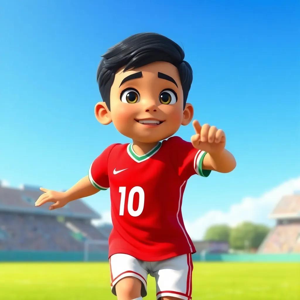 A young Arab boy, Ali, with short black hair, wearing a bright red football jersey with the number 10, practicing on a green football field, with a bright blue sky overhead, digital art, lively colors, warm atmosphere, dynamic