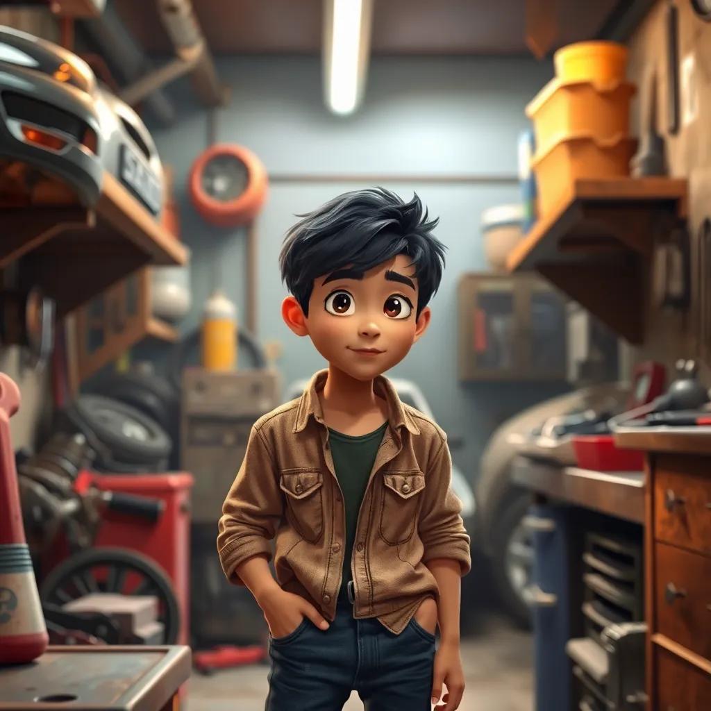 A young boy, Ali, with short black hair wearing a worn-out shirt and jeans, working in a small auto repair shop surrounded by tools and car parts, focused expression, lively atmosphere, digital art, warm colors, energy-filled scene