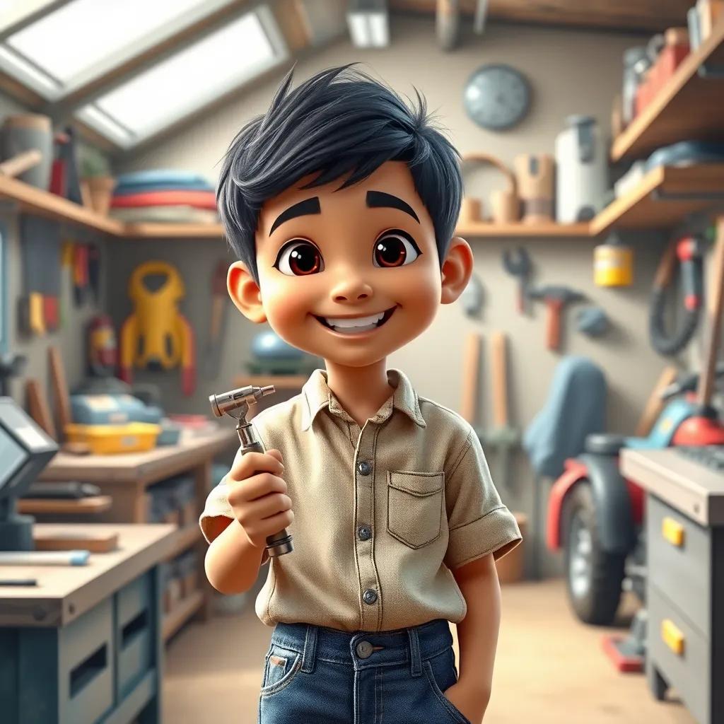 Ali, a young boy with short black hair in a simple shirt and jeans, smiling brightly while holding a simple tool he invented, in the small workshop filled with tools and cars, enthusiastic atmosphere, child-friendly, bright colors, uplifting scene
