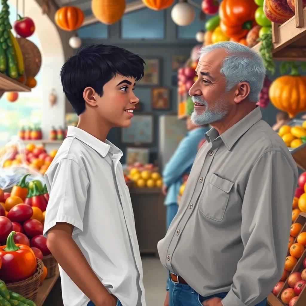 A young Arab boy, Ali, with short black hair wearing a simple white shirt and jeans, talking to his father in a market, surrounded by colorful fruits and vegetables, digital art, warm colors, inviting atmosphere, cheerful scene, high quality