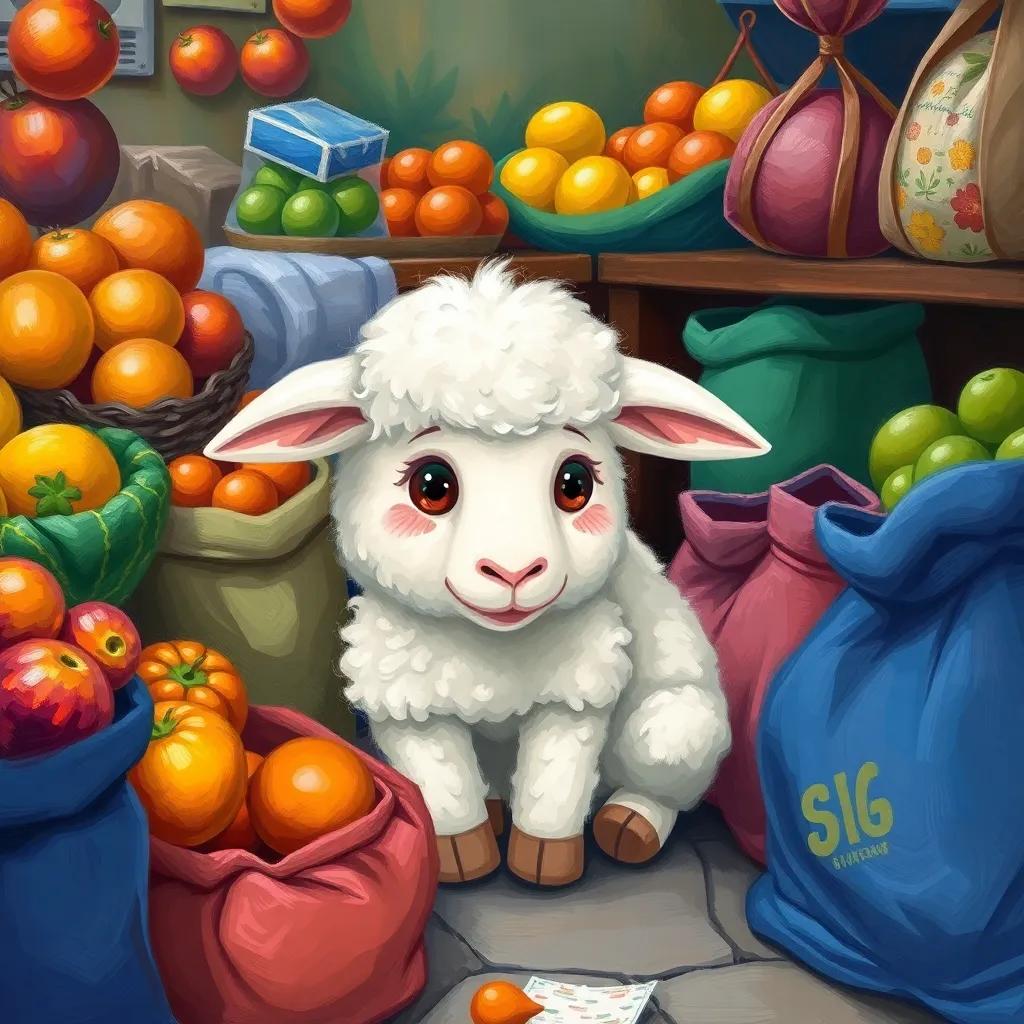 A small, fluffy sheep sitting in a corner of the market, looking sad, with bright eyes and soft wool, surrounded by fruits and colorful bags, digital painting, cheerful, vibrant colors, child-friendly design, high quality
