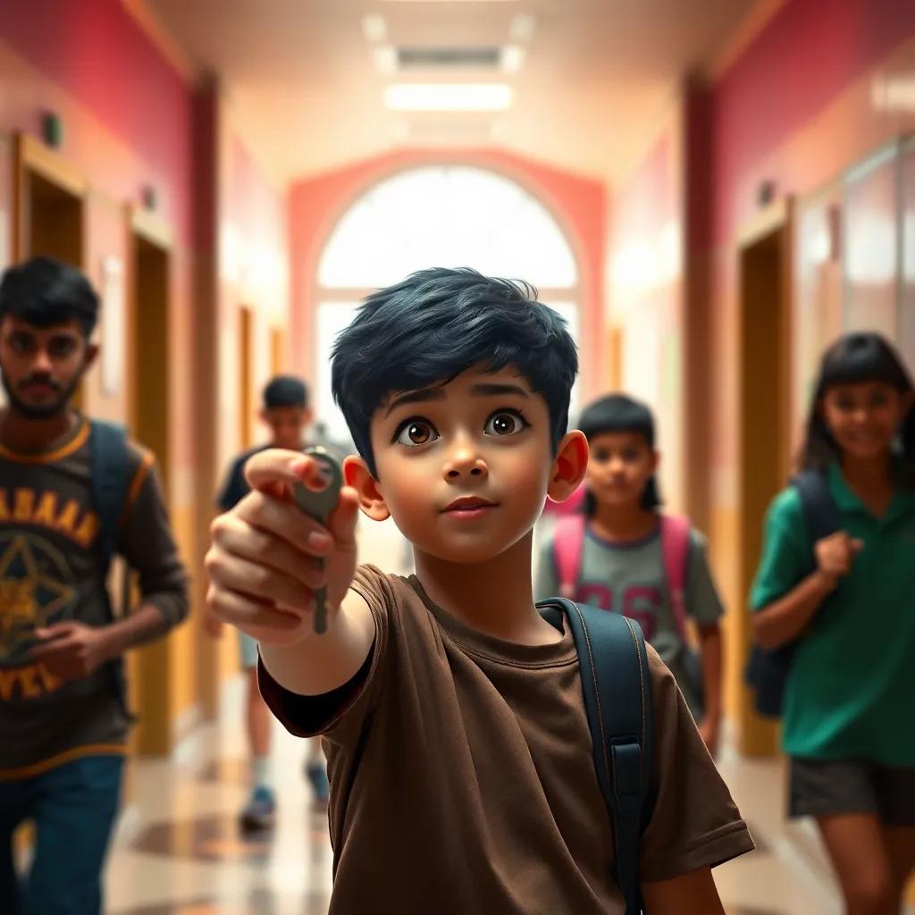 A young Arab boy, Ali, with short black hair, holding a small key in his hand with a look of wonder, surrounded by his friends in a school hallway, bright lighting, vibrant colors, exciting and adventurous vibe, high quality
