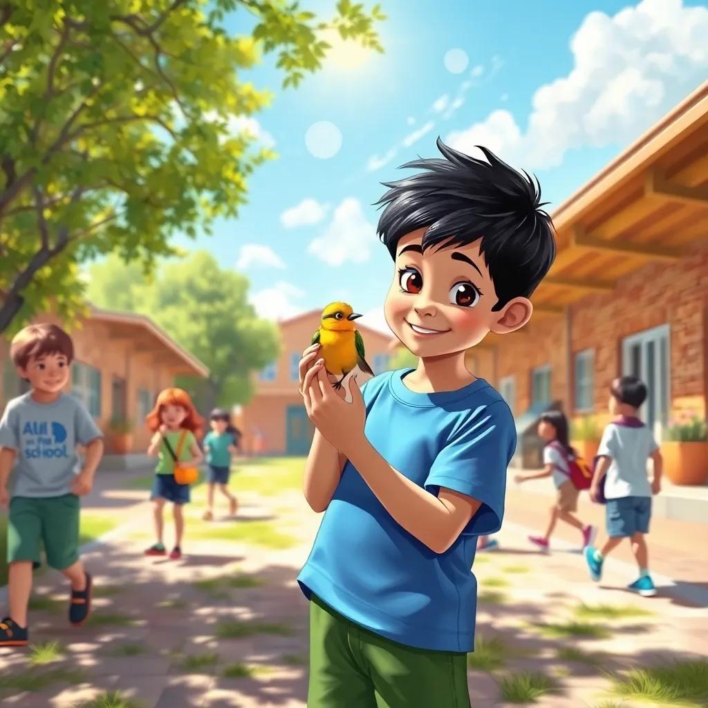 A sunny schoolyard with children playing, a small boy named Ali, with short black hair, wearing a blue t-shirt and green shorts, gently holding a small bird, cheerful and lively scene, digital art, bright colors, warm sunlight, inviting atmosphere, high quality