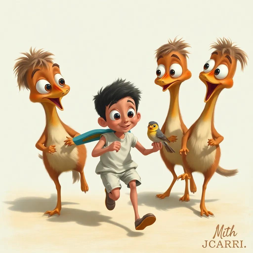 Ali running towards his friends with the small bird, his friends are curious and concerned, all looking at the bird with large eyes, captures a moment of teamwork, illustration, warm and friendly, child-friendly, high quality
