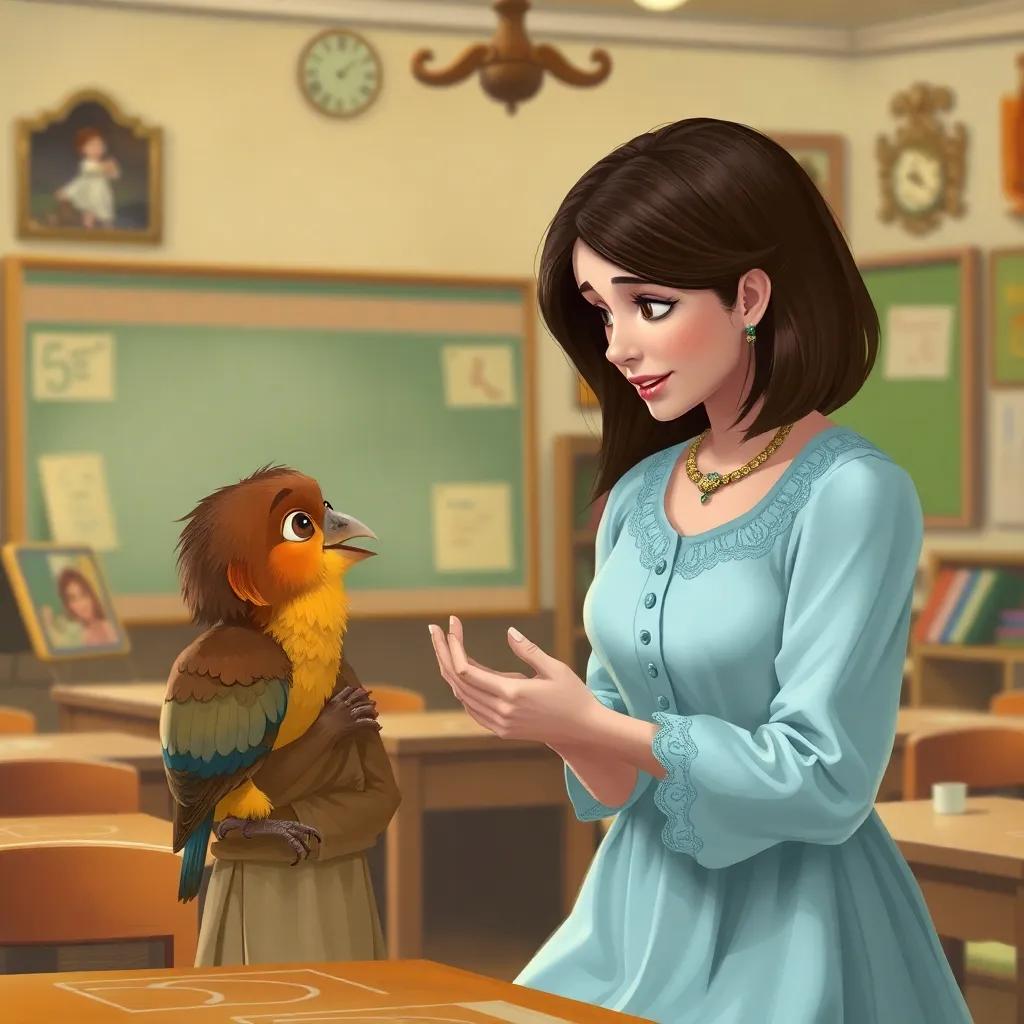Ali talking to his teacher, a kind woman with medium-length hair, wearing a light blue dress, showing the bird with care, a warm classroom setting, digital art, engaging, educational, colorful, high quality