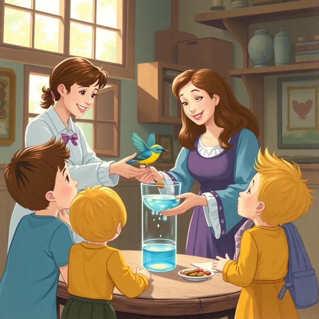 The teacher giving the bird water and food, children watching with excitement, a safe and nurturing environment, soft light coming through the windows, illustration, cheerful, vibrant, nostalgic, high quality