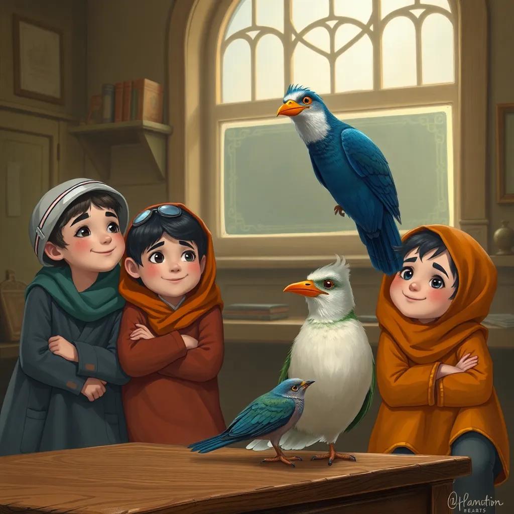 Ali and his friends waiting patiently as the bird rests, with smiles on their faces, feeling anticipation and hope, cozy classroom vibe, digital art, encouraging themes, engaging detail, high quality