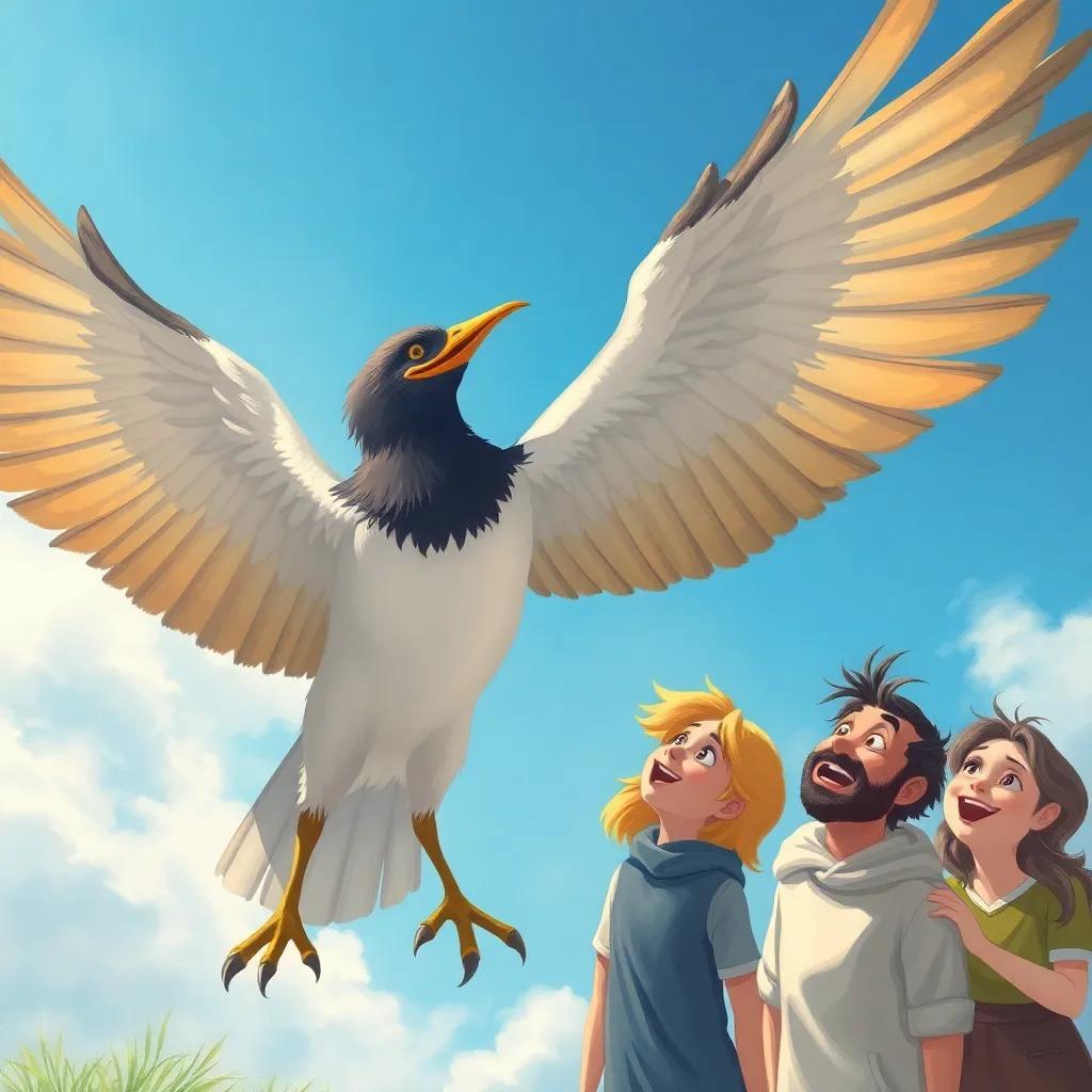 The bird slowly flapping its wings, preparing to fly, Ali and friends watching in awe, excitement filling the air, bright blue sky in background, illustration, uplifting, joyful atmosphere, high quality