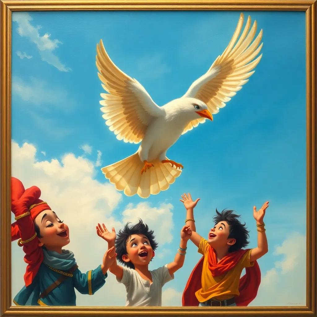 The bird taking flight into the blue sky, with Ali and his friends cheering below, capturing a moment of joy and freedom, colorful, dynamic, child-friendly, high quality