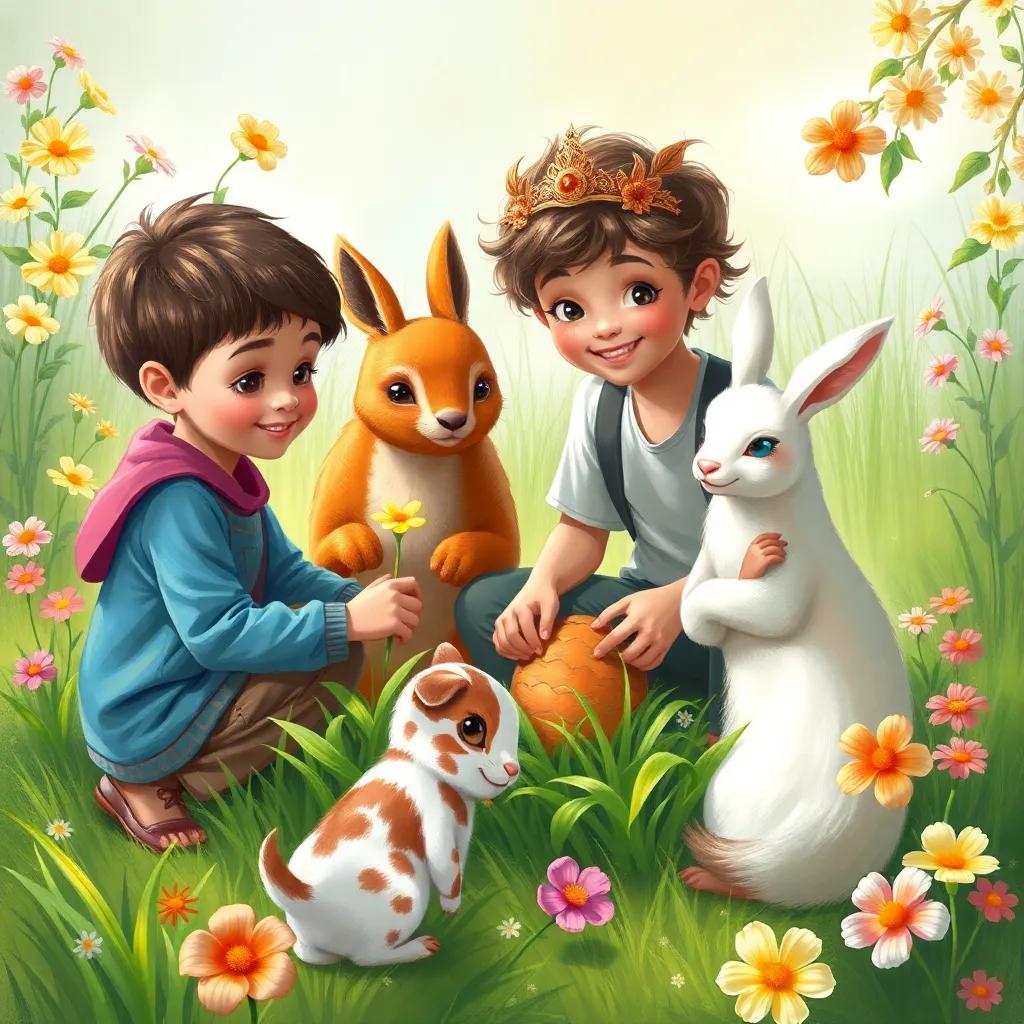 Ali, with his friends, tending to other animals in the school garden, showing collaboration and love for nature, green grass and blooming flowers around, digital art, vibrant and heartwarming, high quality