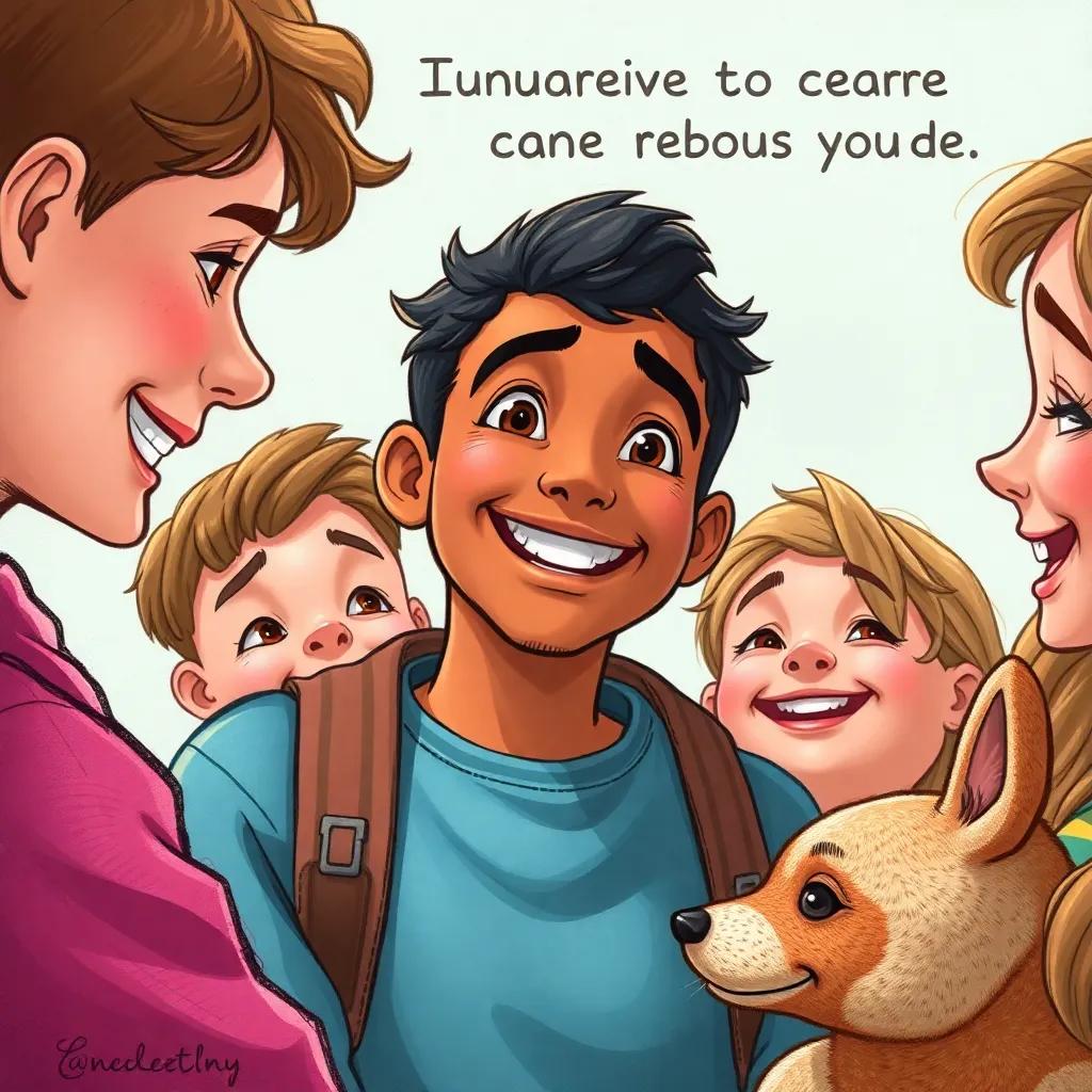 A close-up of Ali talking to his friends about caring for animals, smiles all around, encouraging expressions, friendly atmosphere, illustration, motivational, colorful, high quality
