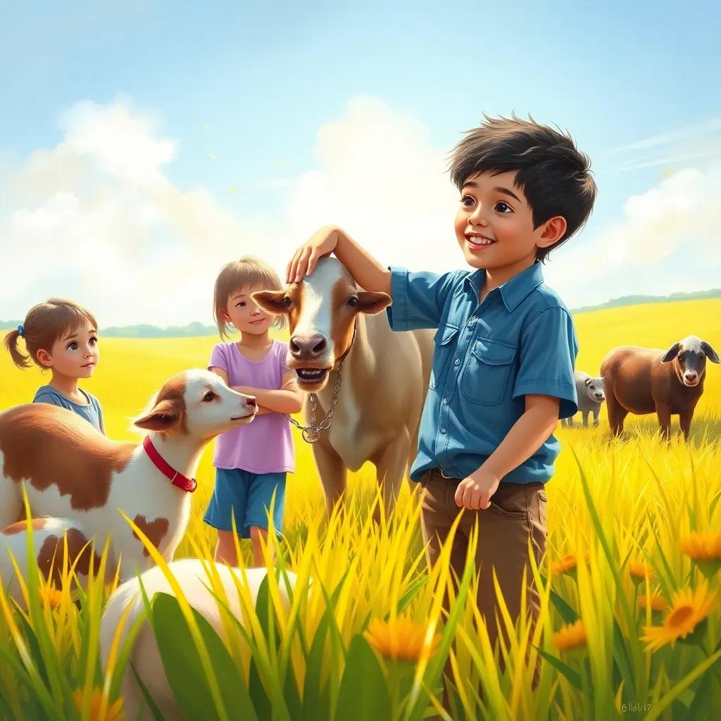 Ali, a happy young boy, teaching a group of kids how to care for animals in a sunny field, showing kindness and compassion, bright and lively, engaging with nature, digital art, bright colors, inspirational, high quality
