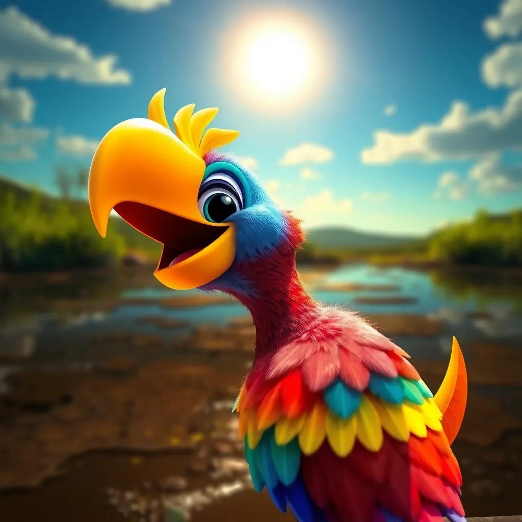 A colorful bird named Ali, a joyful young bird with bright feathers, looking at a dark and muddy lake under a sunny sky, digital art, vibrant colors, child-friendly, playful atmosphere, high quality