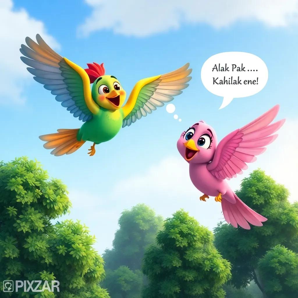 A colorful bird named Ali, joyfully soaring above green trees, speaking with a friendly female bird named Zahra with a soft smile, expressing excitement with sparkling eyes, digital illustration, bright colors, happy atmosphere, close-up view, high quality