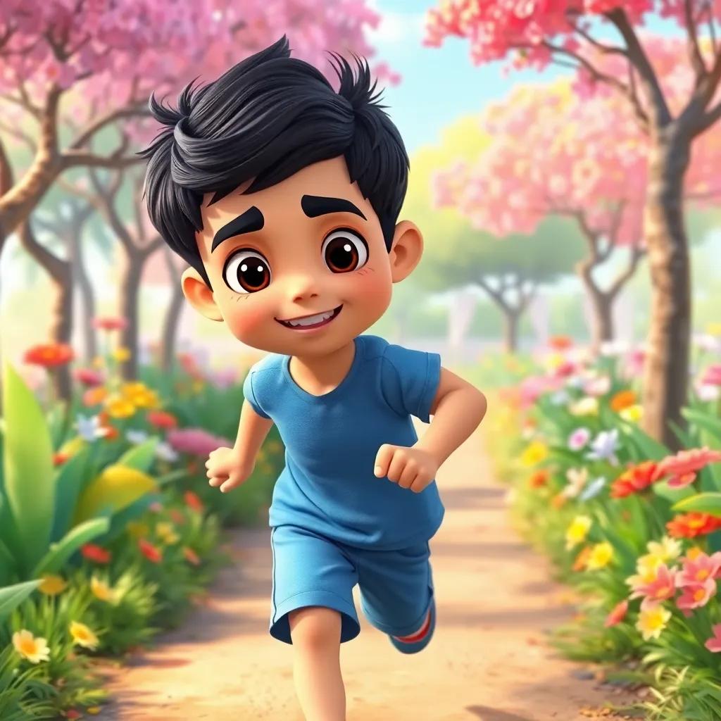 A young Arabic boy, Ali, with short black hair wearing a blue t-shirt and shorts, running in a colorful garden with trees and flowers, cheerful atmosphere, digital art, vibrant colors, lively scene, heartwarming