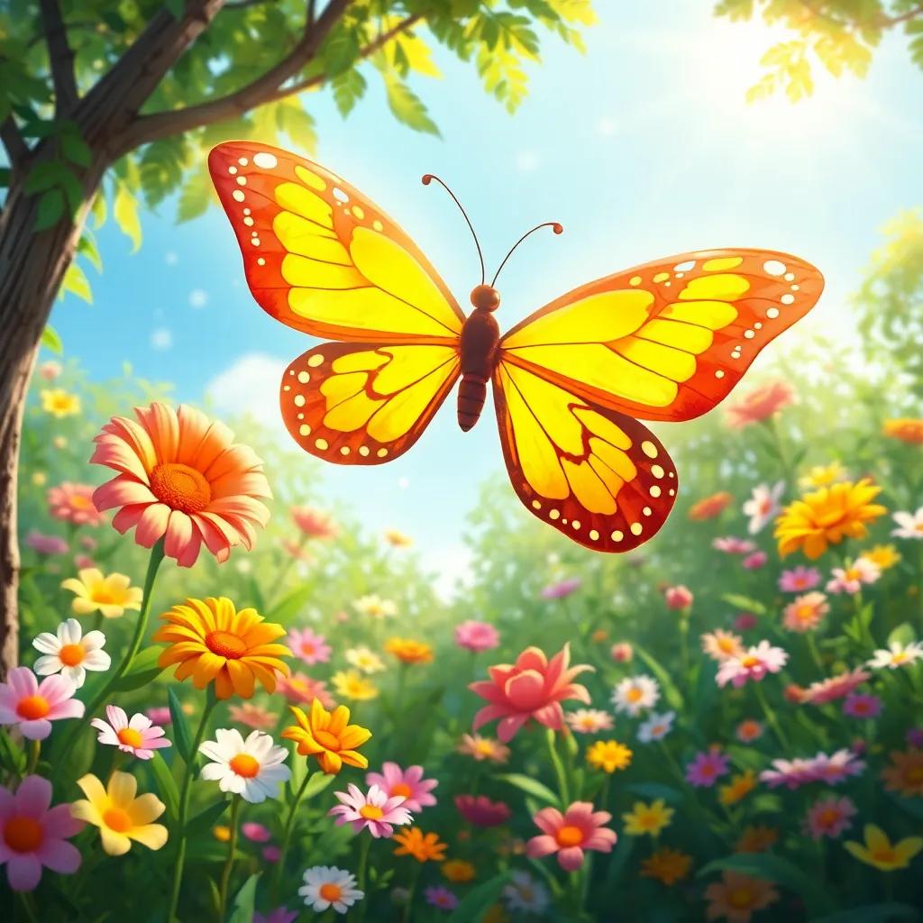 A magical butterfly with bright colors flying above Ali and his friends in a beautiful garden filled with various flowers, sunlight sparkling, illustration, playful and adventurous, child-friendly