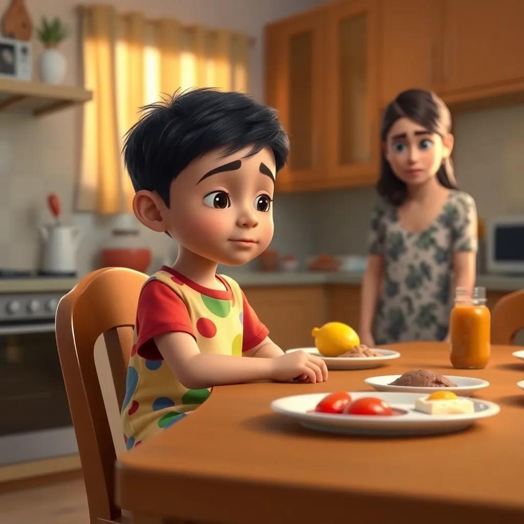 A young Arabic boy, Ali, with short black hair, wearing a colorful t-shirt and shorts, sitting at a breakfast table looking sleepy, with a concerned mother, wearing a patterned dress, in the kitchen, warm light, inviting colors, cheerful atmosphere, high quality
