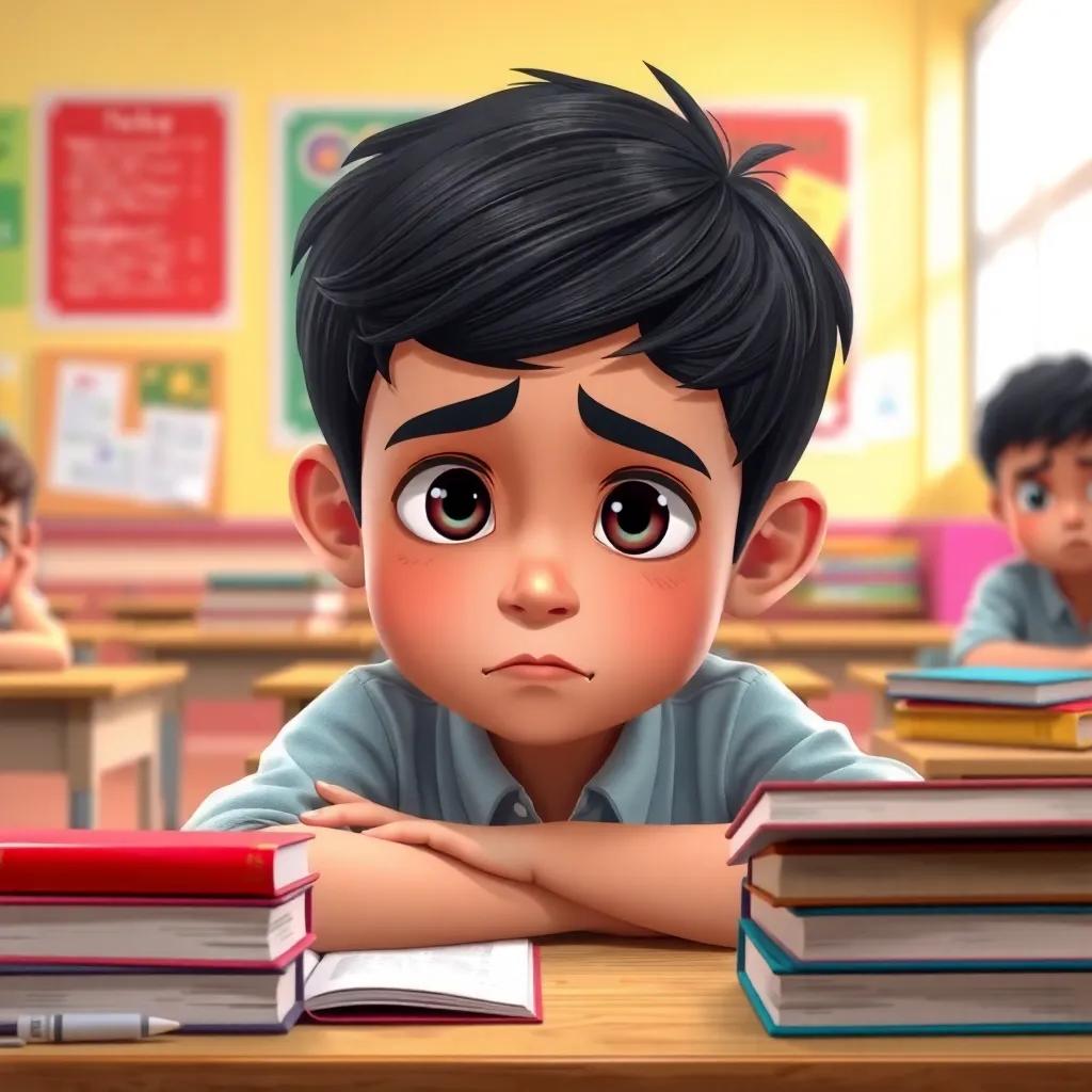 A young Arabic boy, Ali, with short black hair, looking tired at his school desk with textbooks around him, a worried expression, bright classroom background, educational environment, lively colors, high quality